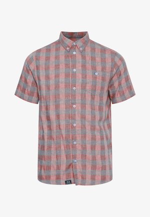 Rot- und graues kurzärmliges karierte Hemd mit einem Button-Down-Kragen, einer Brusttasche und einem kleinen Logo auf der linken Brust.