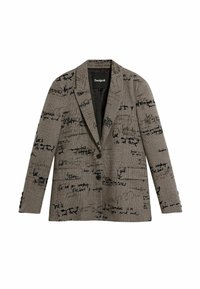 Hall ruuduline bleiser musta käsitsi kirjutatud teksti mustritega. Omadustega sälgjas krae ja kaks esi taskut; ühe nupuga sulgemine.