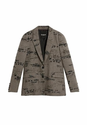 Hall ruuduline bleiser musta käsitsi kirjutatud teksti mustritega. Omadustega sälgjas krae ja kaks esi taskut; ühe nupuga sulgemine.