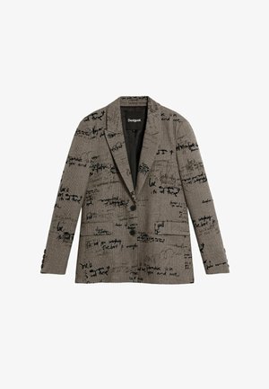 Hall ruuduline bleiser musta käsitsi kirjutatud teksti mustritega. Omadustega sälgjas krae ja kaks esi taskut; ühe nupuga sulgemine.