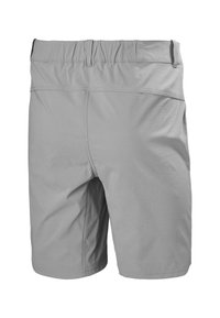 Šedé kraťasy vyrobené z lehkého materiálu, s pružným pasem, hladkou texturou a bez viditelných vzorů či kovových detailů.