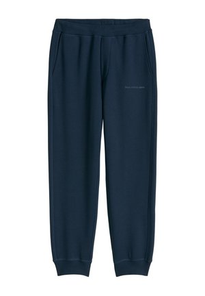 Navy blue sweatpants with elastic waistband and cuffs, side pockets, and subtle "Marc O'Polo DENIM" logo on the right thigh.