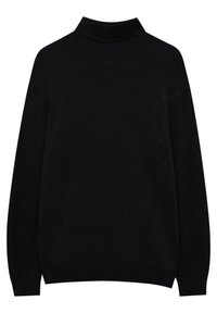 Schwarzer Pullover mit hohem Kragen, langen Ärmeln, gerippten Bündchen und Saum. Weiche Textur mit glatter Oberfläche, entworfen für eine entspannte Passform.