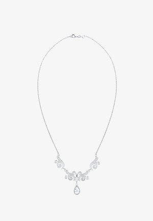 Zilveren halsketting met ingewikkelde krullen, featuring een centrale peervormige steen en kleine ronde accenten, hangend aan een fijne ketting.