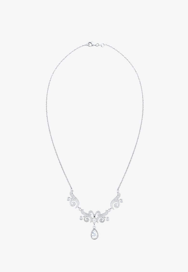 Collier en argent avec des arabesques complexes, présentant une pierre centrale en forme de poire et de petits accents ronds, suspendu à une chaîne délicate.