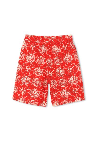 Shorts de bain rouges avec un motif floral et le logo "KENZO PARIS" en blanc. Ceinture élastique avec une coupe décontractée et une texture lisse.