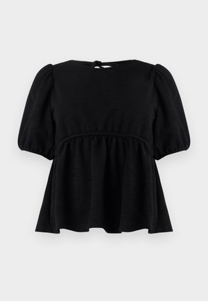 Black short-sleeve blouse with a textured finish, round neckline, elastic waistline, and back tie detail. Flared silhouette.
