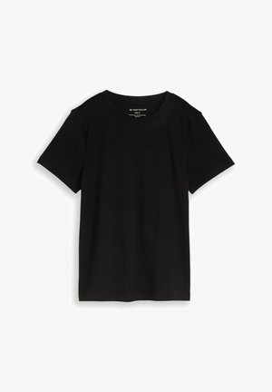 Zwart T-shirt met korte mouwen en ronde hals, maat medium, plat gelegd op witte achtergrond, effen ontwerp met zichtbare merklavel binnen in de kraag.