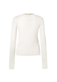 Biely rebrovaný sveter s dlhými rukávmi a priliehavým strihom. Má okrúhly výstrih a na chrbte je vyšitý logo "PEPE JEANS".