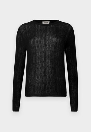 Black long-sleeve top with a textured knit pattern, round neckline, and fitted silhouette. Soft material with a semi-sheer appearance.