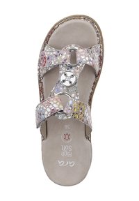 Silver sandals with a glossy, textured surface, featuring cut-out patterns and a circular accent. Size 38, with cushioned footbed.