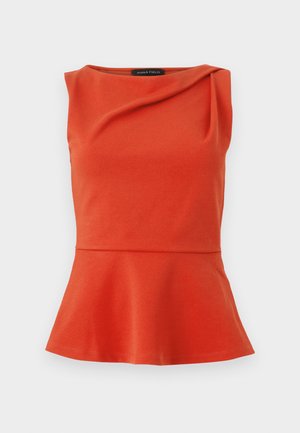 Haut orange sans manches avec volant à la taille, encolure drapée et taille ajustée, étiqueté Anna Field.
