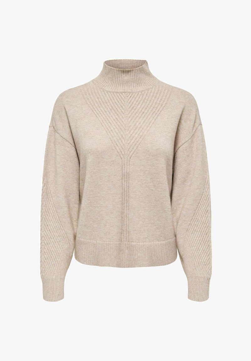 Pull beige tricoté avec un col montant côtelé, de longues manches amples et des motifs géométriques côtelés sur la poitrine et les bras.
