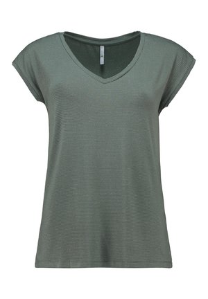 Green short-sleeve V-neck women's top with subtle horizontal stripe pattern and relaxed fit.