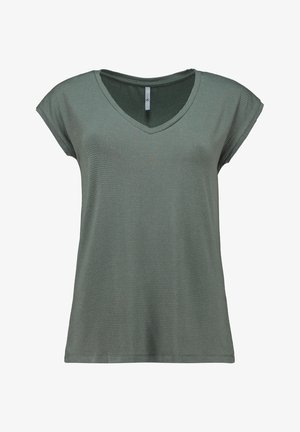 Green short-sleeve V-neck women's top with subtle horizontal stripe pattern and relaxed fit.