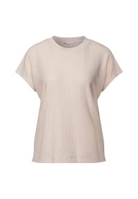 Light beige short-sleeve shirt with a round neckline, featuring a textured fabric with subtle horizontal stripes and a relaxed fit.