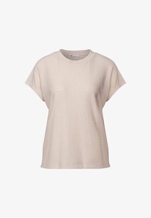 Lichtbeige shirt met korte mouwen en een ronde halslijn, gemaakt van een gestructureerde stof met subtiele horizontale strepen en een relaxte pasvorm.