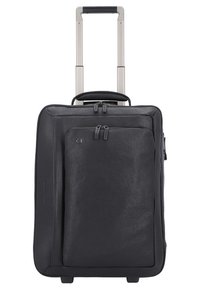 Valigia a rotelle nera in pelle con manico telescopico, superficie liscia, tasca anteriore con zip e ruote robuste. Design compatto per i viaggi.