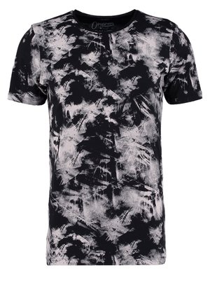 Schwarzes T-Shirt mit kurzen Ärmeln, abstraktem weißen und grauem Pinselstrichmuster und rundem Ausschnitt.