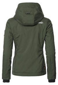 Olijfgroene hoodie-jack, gemaakt van soepel materiaal, met een getailleerde snit, geribde manchetten en een klein logo op de achterkant.