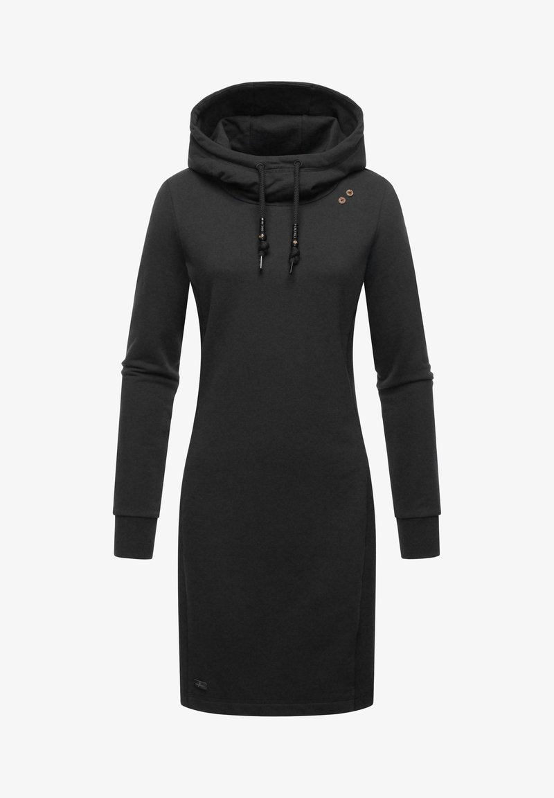 Czarna sukienka dresowa z kapturem, długimi rękawami, regulowanymi sznurkami i trzema dekoracyjnymi guzikami na piersi. Miękki, teksturowany materiał.