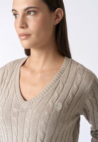 Maglione beige lavorato a maglia con un motivo a treccia testurizzato e scollo a V. Presenta un piccolo logo ricamato sul lato sinistro del petto, evidenziando un tessuto morbido.