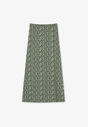 Fustă midi cu un model în print de șarpe; prezintă nuanțe de verde și negru; textură netedă și formă structurată cu talie ajustată.