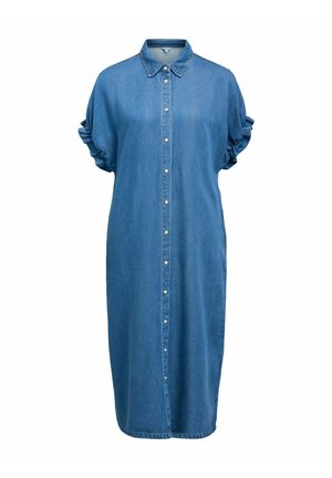 Kék farmer midi ruha rövid gyűrt ujjakkal, elől gombos lezárással és hegyes gallérral.