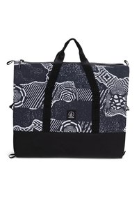 Bolsa de deporte grande y negra con patrones abstractos en blanco. Cuenta con doble asa negra y cierre con cremallera. El material parece resistente.