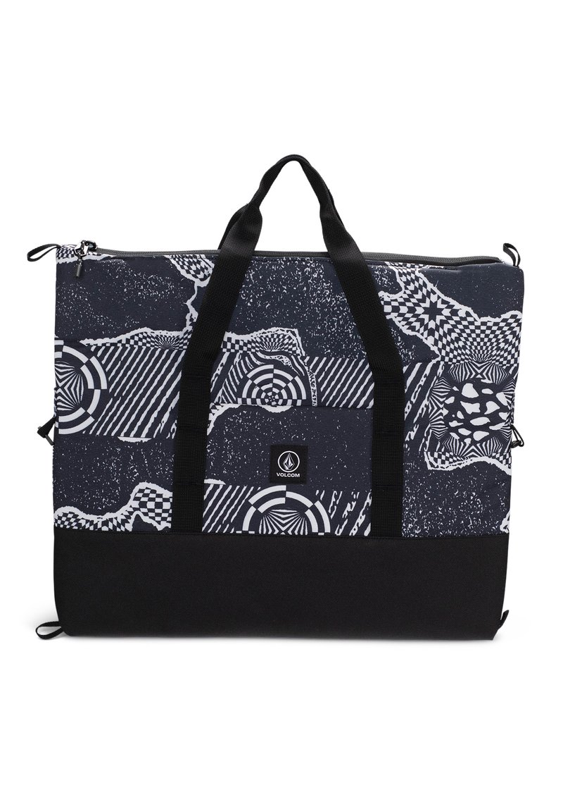 Bolsa de deporte grande y negra con patrones abstractos en blanco. Cuenta con doble asa negra y cierre con cremallera. El material parece resistente.