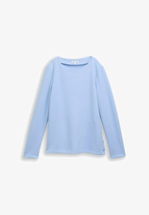 Svetlo modra dolg rokav čaj s rebrasto teksturo. Ima okroglo ovratnik in tri gumbe na robu na eni strani.