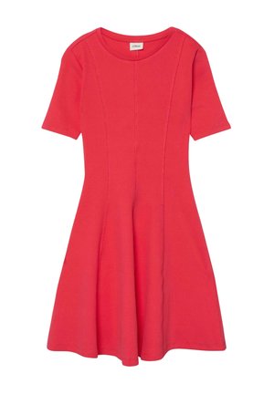 Rotes knielanges Kleid mit kurzen Ärmeln, rundem Ausschnitt und vertikalen Nahtdetails für einen taillierten Oberkörper und einen ausgestellten Rock.