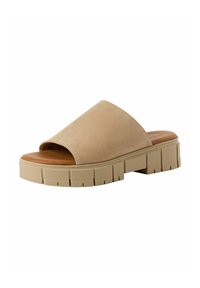 Infradito in suede beige con una parte superiore ampia, design con punta aperta e una suola piattaforma in gomma spessa con battistrada testurizzato.