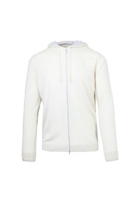 Felpa leggera con zip di colore crema chiaro, con fodera interna grigia, polsini e orlo a coste, e un semplice laccio sul cappuccio. Tessuto morbido.