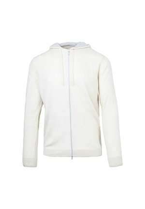 Felpa leggera con zip di colore crema chiaro, con fodera interna grigia, polsini e orlo a coste, e un semplice laccio sul cappuccio. Tessuto morbido.
