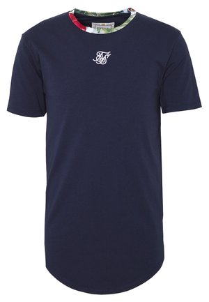 Marineblaue T-Shirt aus Baumwolle, mit einem floralen Muster am Rundhalsausschnitt und einem kleinen weißen Logo auf der Brust, mit abgerundetem Saum.