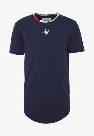 Marineblaue T-Shirt aus Baumwolle, mit einem floralen Muster am Rundhalsausschnitt und einem kleinen weißen Logo auf der Brust, mit abgerundetem Saum.