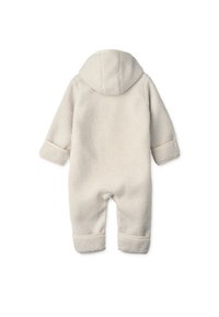 Krémově zbarvený fleecový overal s kapucí, texturovaná látka, dlouhé rukávy a zakončení s manžetami. Obsahuje zadní šev a měkký povrch.