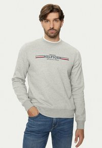 Sudadera de algodón gris con mangas largas, cuello redondo y detalle de logo en rayas azul marino y rojo en el pecho. Textura suave.