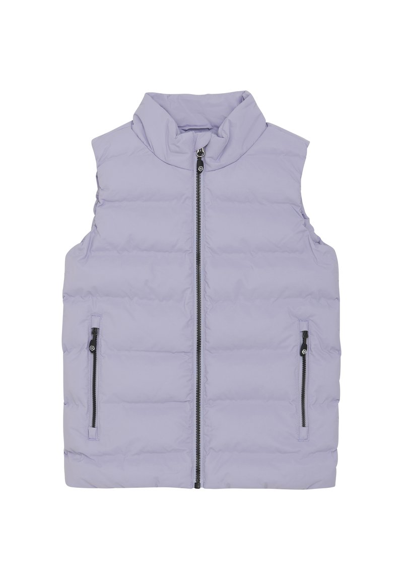 Ljuslila ärmlös puffväst med hög krage, dragkedjeslutning fram och två fickor med dragkedja på sidan. Texturerad quiltad design.