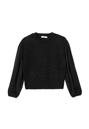 Pull noir court avec un corps en tricot texturé et des manches bouffantes noires. Dispose d'un col rond côtelé et d'une subtile brillance dans le tricot.