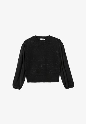 Pull noir court avec un corps en tricot texturé et des manches bouffantes noires. Dispose d'un col rond côtelé et d'une subtile brillance dans le tricot.