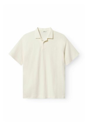 Krémově bílá polokošile s krátkým rukávem z texturované látky, s límečkem sklopeným dolů a dvouknoflíkovým zapínáním.