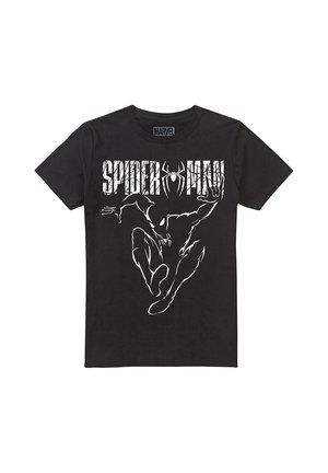 Schwarzes Marvel Spider-Man T-Shirt mit weißer Grafik von Spider-Man in Aktion und stilisiertem Text "Spider-Man" über der Figur.