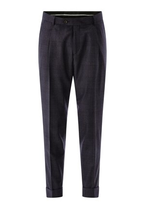 Dunkelgraue, maßgeschneiderte Herrenhosen mit vorderen Bundfalten, Knopfverschluss und umgeschlagenen Säumen, auf weißem Hintergrund dargestellt.