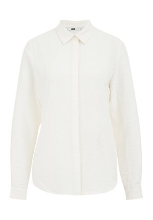Weißes Hemd mit langen Ärmeln, Kragen und strukturierter Stoff mit dezenten erhabenen Mustern. Einfaches, vielseitiges Design.