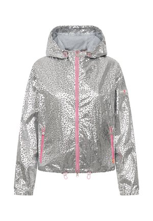 Zilverkleurige metalen capuchonjas met subtiel luipaardpatroon, roze ritsen aan de voorkant en zakken, elastische manchetten en verstelbare koordjes aan de zoom.