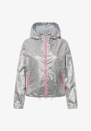 Silver metallic hooded jacket with subtle leopard pattern, pink zippers on front and pockets, elastic cuffs, and adjustable hem toggles.
