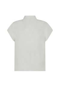 Blusa a maniche corte e collo alto di colore grigio chiaro. Tessuto morbido e liscio con una vestibilità rilassata e un design minimale. La vista posteriore mostra una finitura pulita.