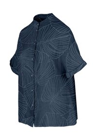 Camicia a maniche corte blu scuro con grandi motivi a foglia bianchi, colletto alla coreana e chiusura con bottoni, realizzata in tessuto leggero.